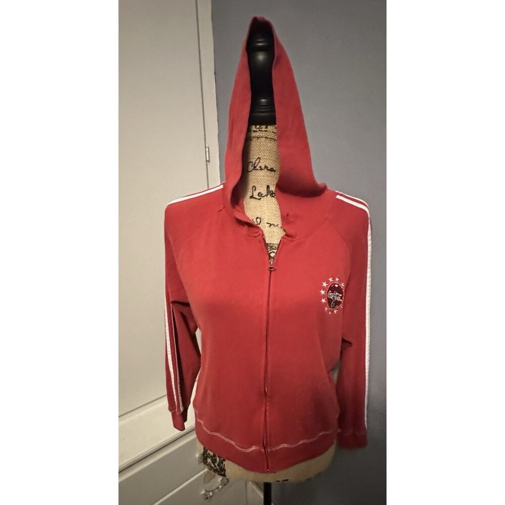 Women's Medium Coca Cola Hoodie Red White Stripe Embroidered Logo Retro Outdoor